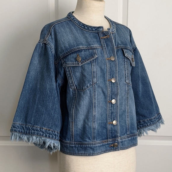 1. State Denim Jacket 3/4 Length Flared Frayed Sleeve Button Front Blue M NWT - Picture 6 of 16